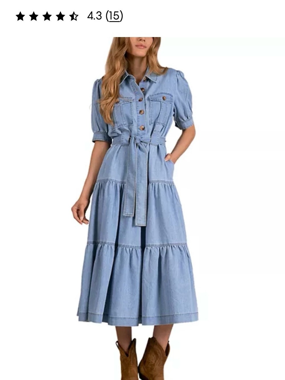 Elan Light Blue Denim Tiered Midi Shirt Dress with tie Belt